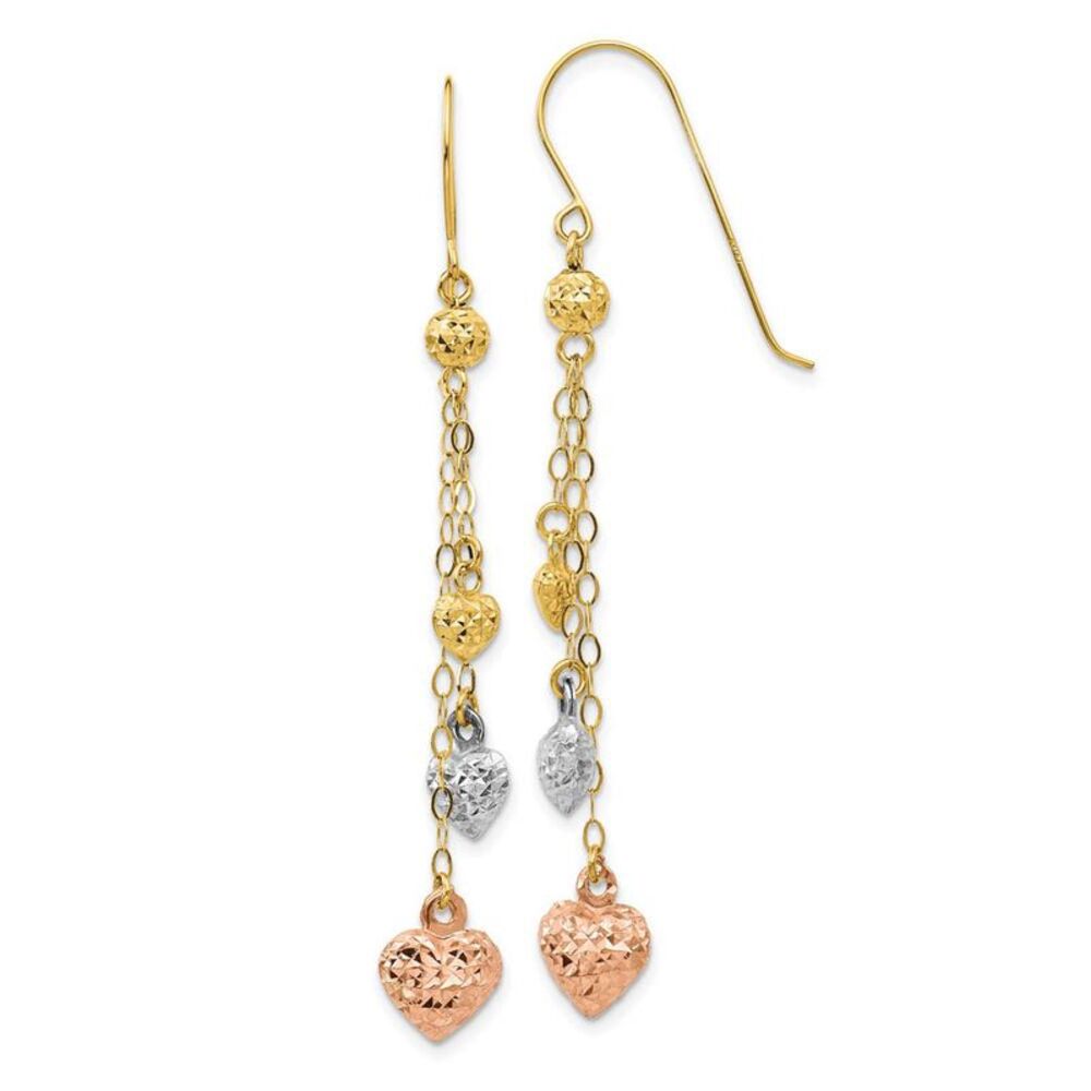 14k Tri Color Gold, Triple Puffed Heart and Chain Dangle Earrings